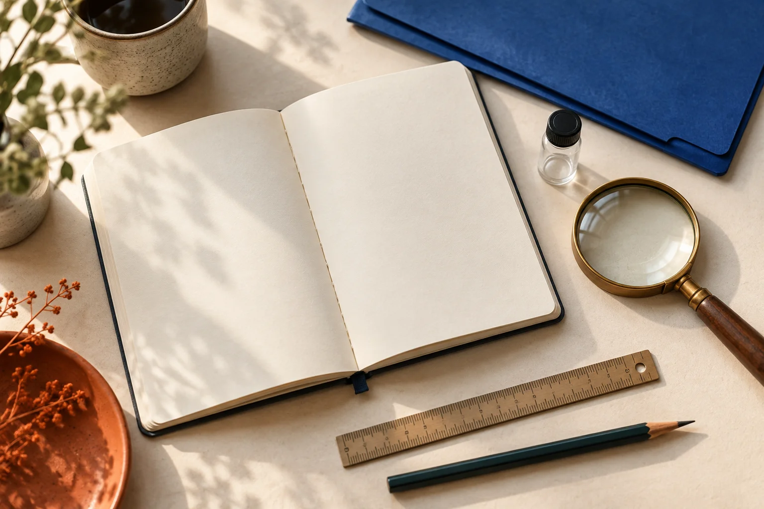 Open notebook, magnifying glass, specimen vial and ruler in an original editorial artwork